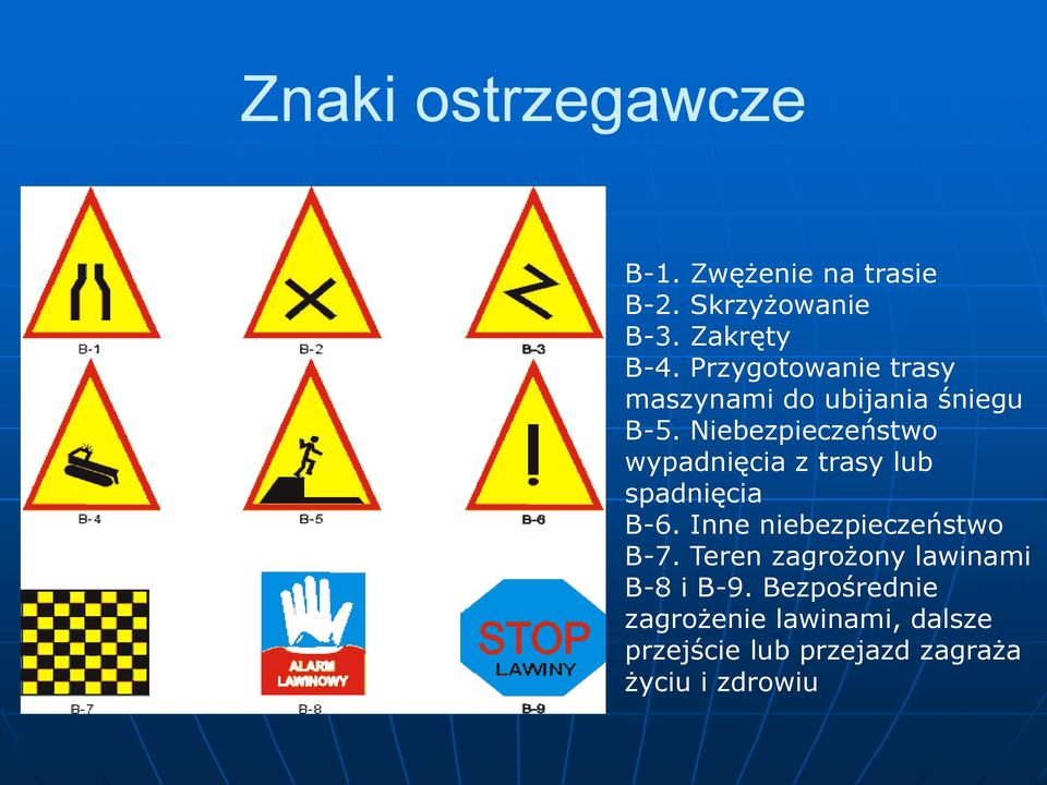 Niebezpieczeństwo wypadnięcia z trasy lub spadnięcia B-6. Inne niebezpieczeństwo B-7.