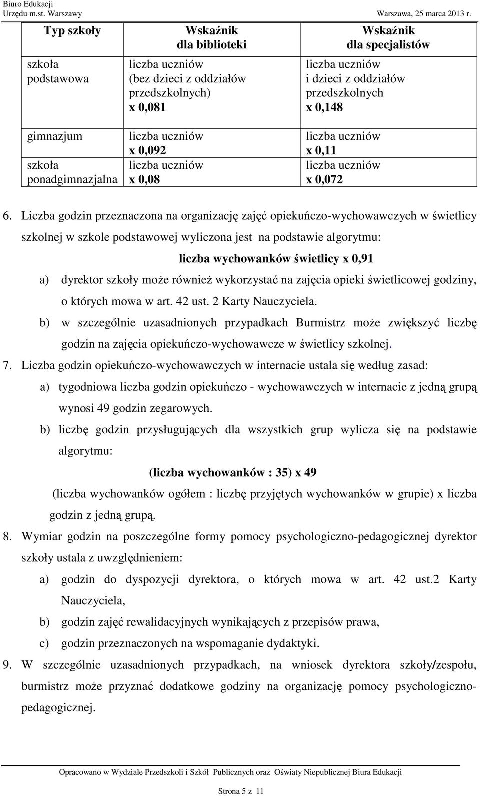 Liczba godzin przeznaczona na organizację zajęć opiekuńczo-wychowawczych w świetlicy szkolnej w szkole podstawowej wyliczona jest na podstawie algorytmu: liczba wychowanków świetlicy x 0,91 a)