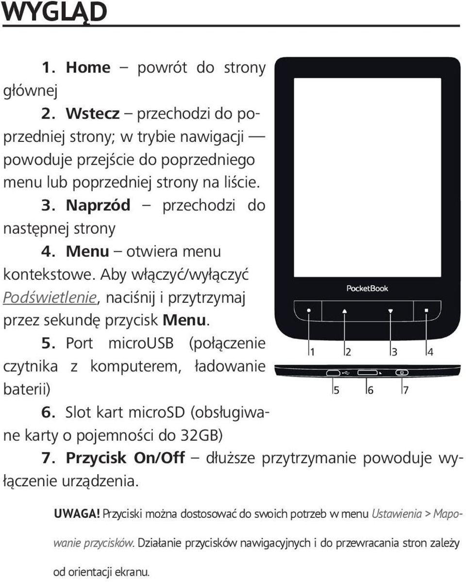 Port microusb (połączenie czytnika z komputerem, ładowanie baterii) 6. Slot kart microsd (obsługiwane karty o pojemności do 32GB) 7.