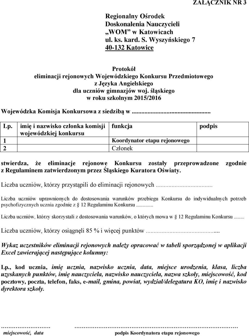 imię i nazwisko członka komisji wojewódzkiej konkursu funkcja 1 Koordynator etapu rejonowego 2 Członek podpis stwierdza, że eliminacje rejonowe Konkursu zostały przeprowadzone zgodnie z Regulaminem