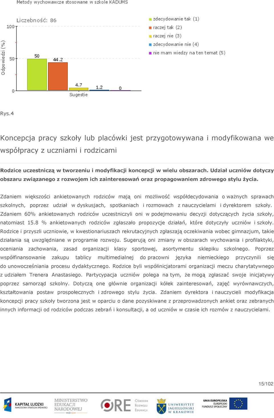 Zdaniem większości ankietowanych rodziców mają oni możliwość współdecydowania o ważnych sprawach szkolnych, poprzez udział w dyskusjach, spotkaniach i rozmowach z nauczycielami i dyrektorem szkoły.