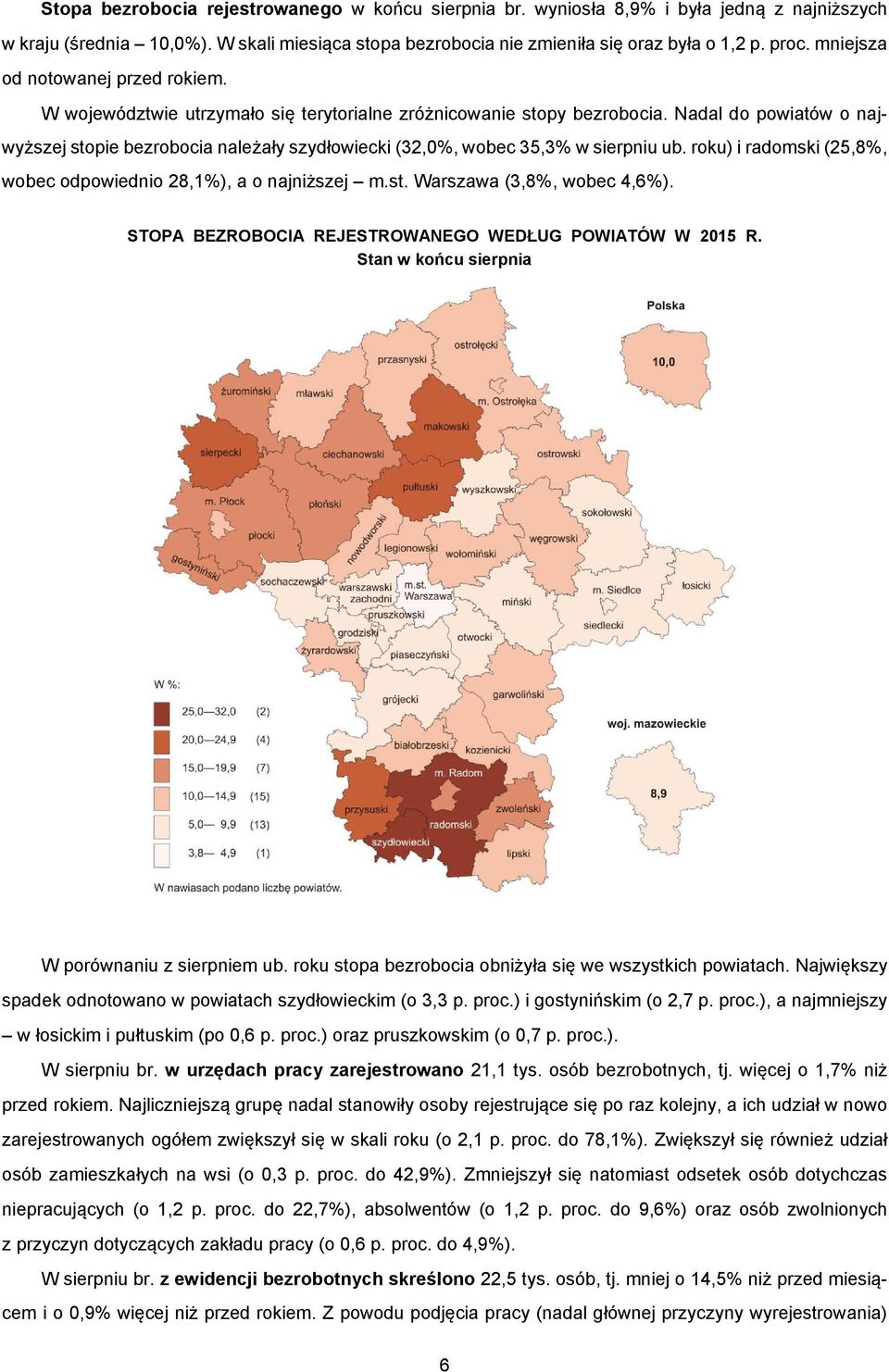 Nadal do powiatów o najwyższej stopie bezrobocia należały szydłowiecki (32,0%, wobec 35,3% w sierpniu ub. roku) i radomski (25,8%, wobec odpowiednio 28,1%), a o najniższej m.st. Warszawa (3,8%, wobec 4,6%).