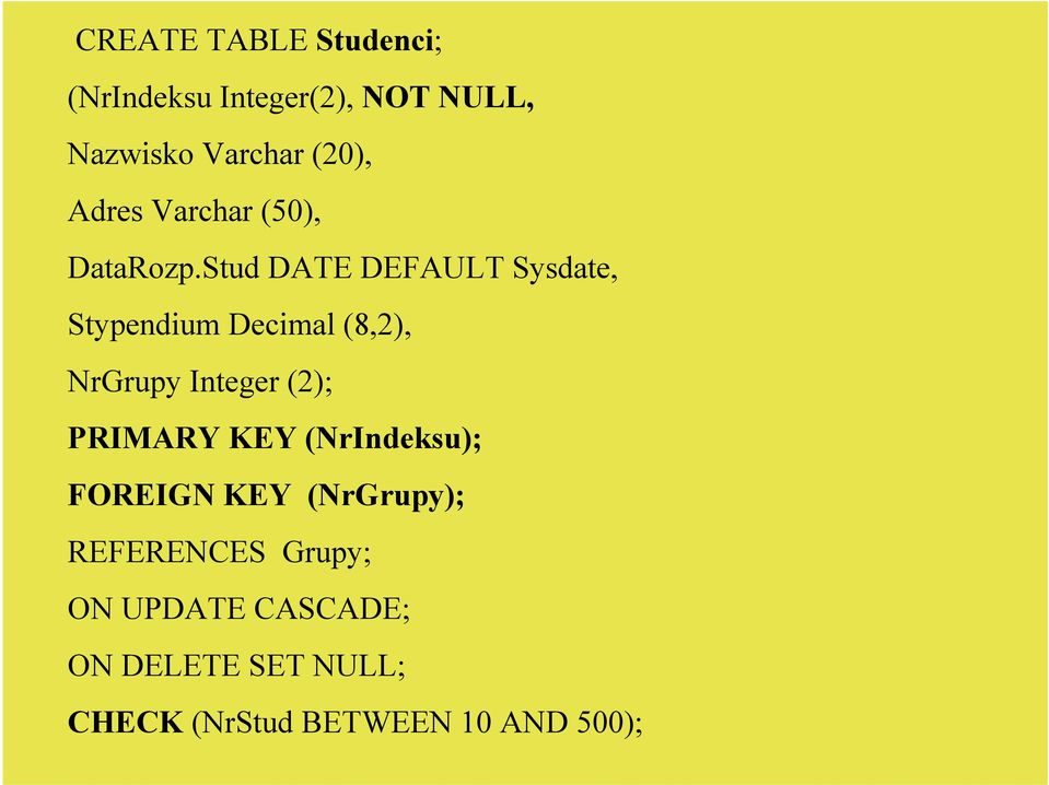 Stud DATE DEFAULT Sysdate, Stypendium Decimal (8,2), NrGrupy Integer (2);