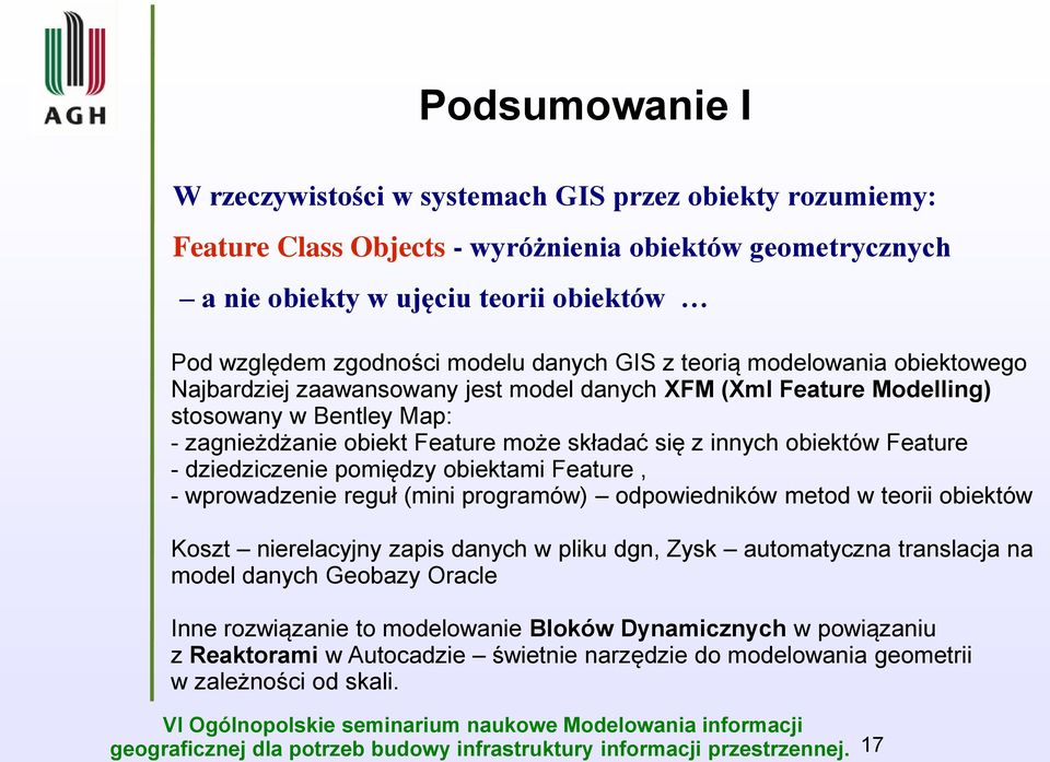 innych obiektów Feature - dziedziczenie pomiędzy obiektami Feature, - wprowadzenie reguł (mini programów) odpowiedników metod w teorii obiektów Koszt nierelacyjny zapis danych w pliku dgn, Zysk