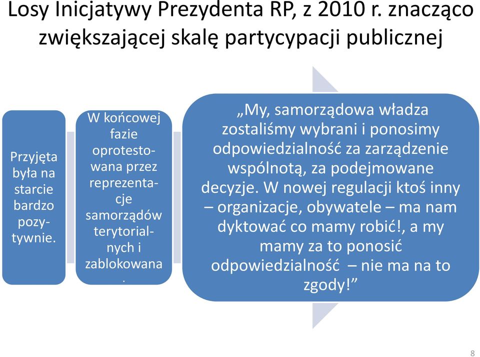 W końcowej fazie oprotestowana przez reprezentacje samorządów terytorialnych i zablokowana.