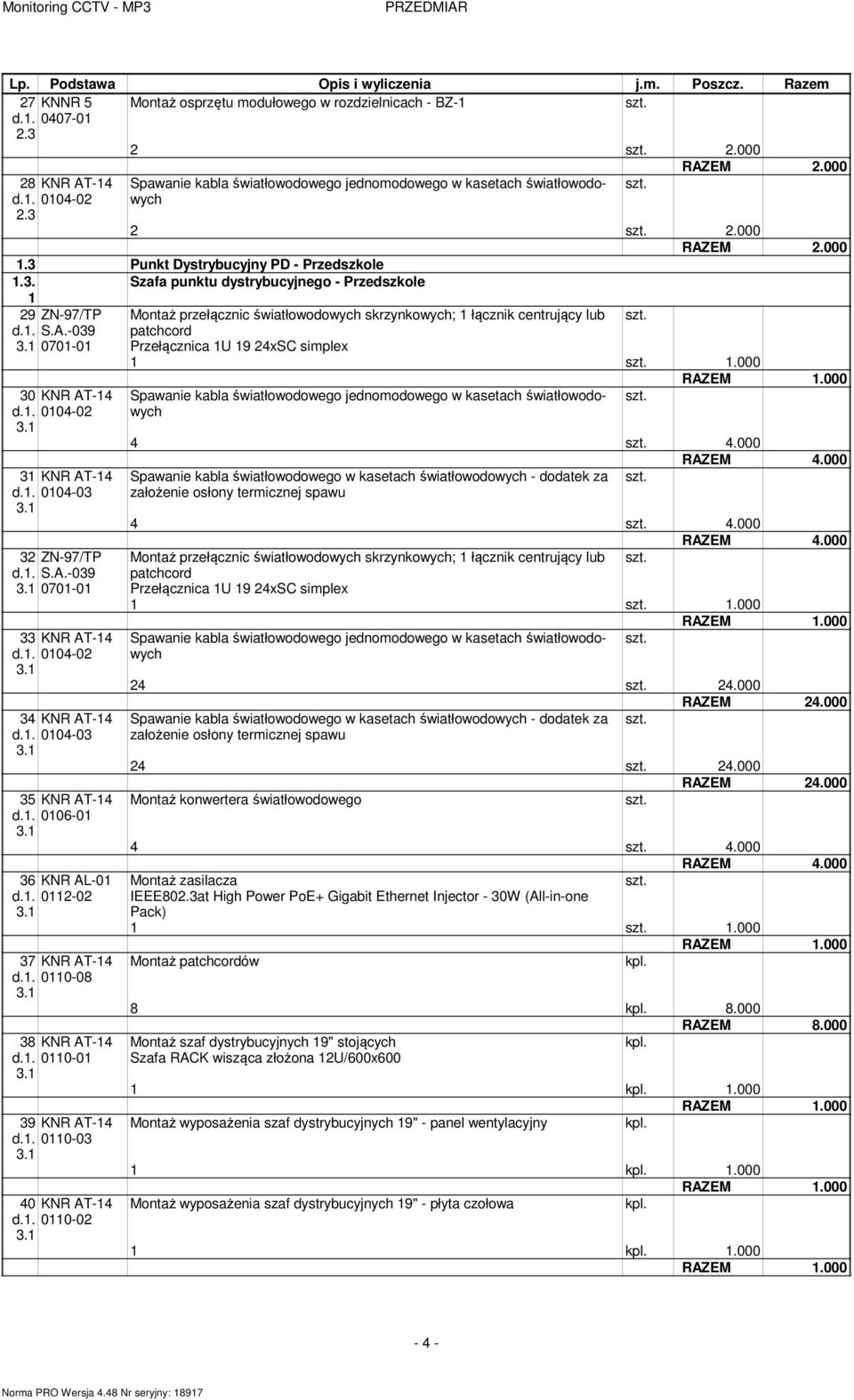 Szafa punktu dystrybucyjnego - Przedszkole 1 29 ZN-9/TP Montaż przełącznic światłowodowych skrzynkowych; 1 łącznik centrujący lub 001-01 patchcord Przełącznica 1U 19 2xSC siplex 1 1.000 30 KNR AT-1 d.