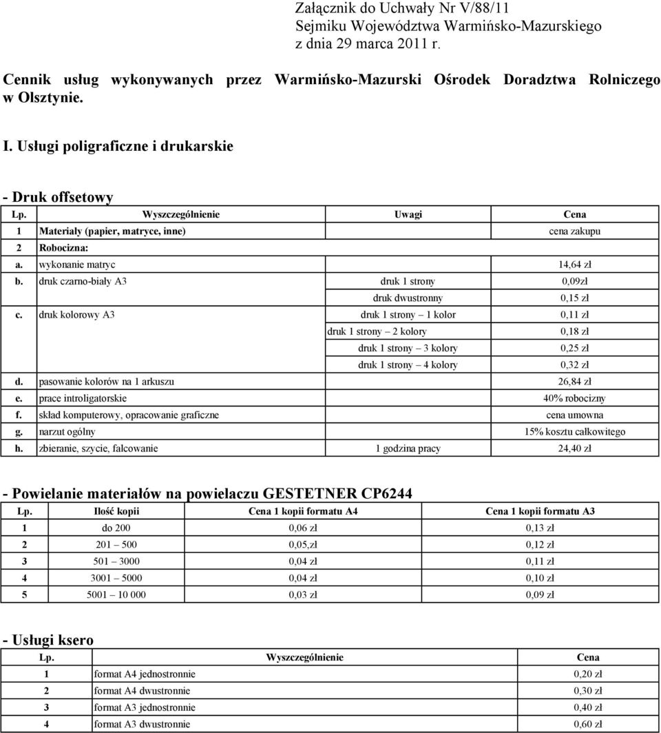 druk kolorowy A3 druk 1 strony druk dwustronny druk 1 strony 1 kolor druk 1 strony 2 kolory druk 1 strony 3 kolory druk 1 strony 4 kolory d. pasowanie kolorów na 1 arkuszu 26,84 zł e.