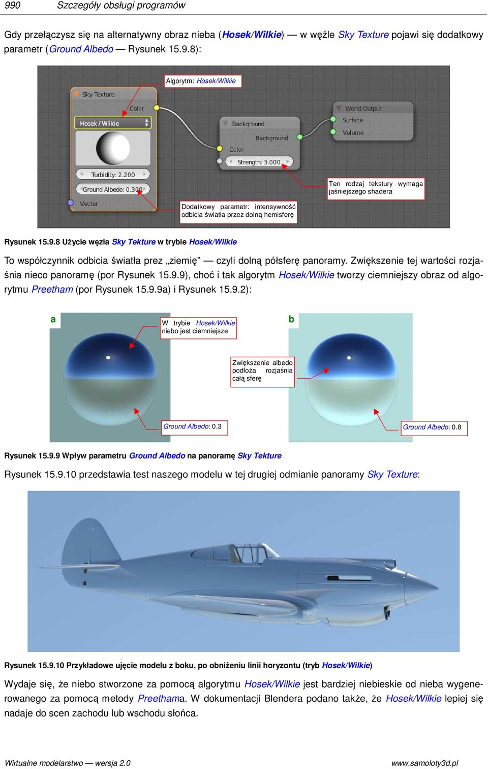 9.9a) i Rysunek 15.9.2): a W trybie Hosek/Wilkie niebo jest ciemniejsze b enie albedo podłoża rozjaśnia całą sferę Ground Albedo: 0.3 Ground Albedo: 0.8 Rysunek 15.9.9 Wpływ parametru Ground Albedo na panoramę Sky Tekture Rysunek 15.