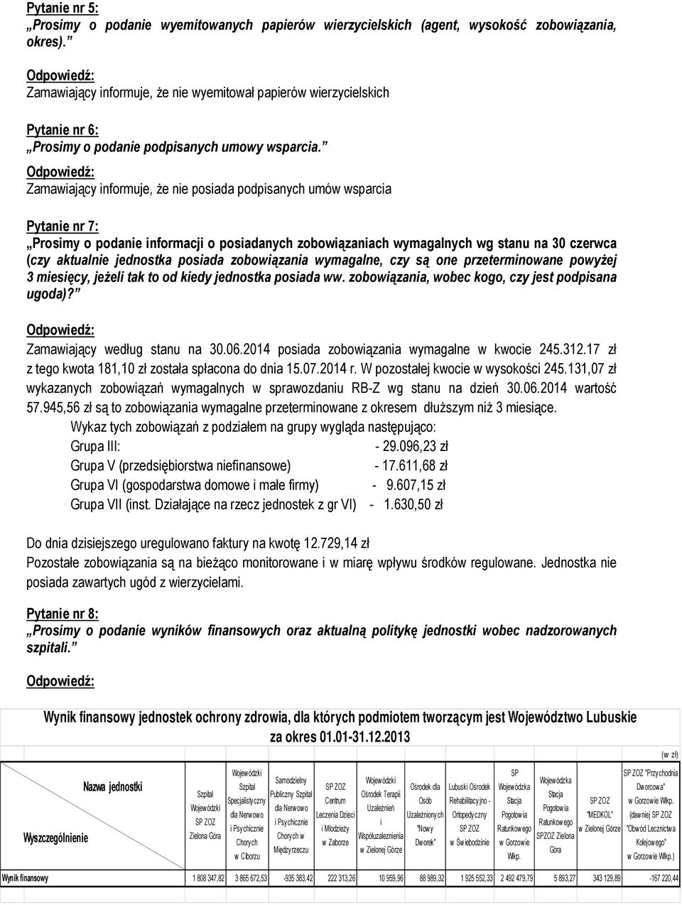 Zamawiający informuje, że nie posiada podpisanych umów wsparcia Pytanie nr 7: Prosimy o podanie informacji o posiadanych zobowiązaniach wymagalnych wg stanu na 30 czerwca (czy aktualnie jednostka