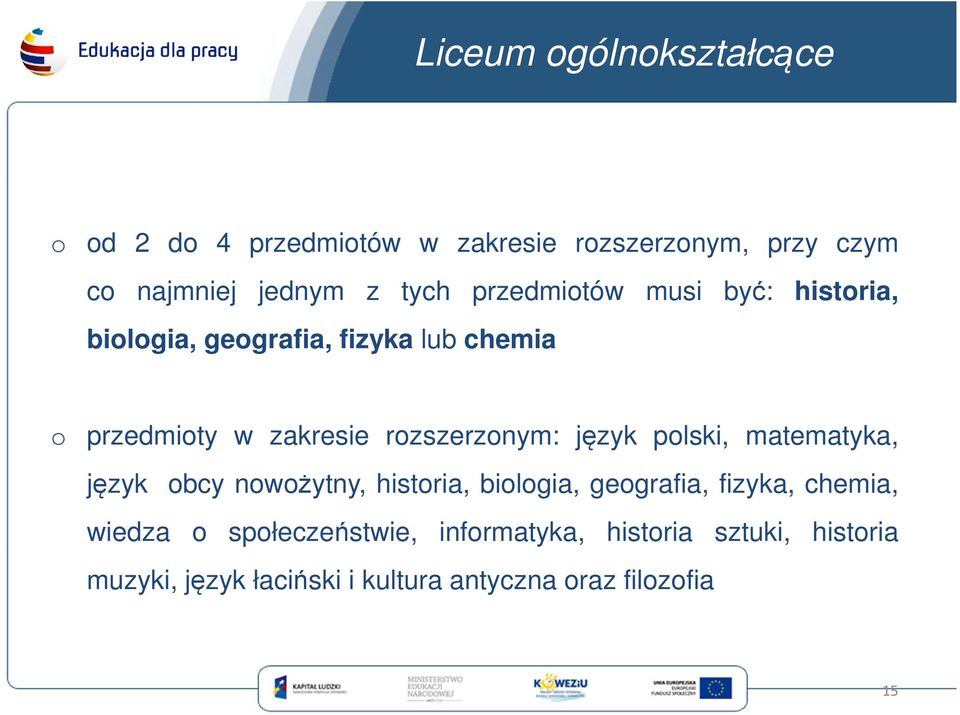 język polski, matematyka, język obcy nowożytny, historia, biologia, geografia, fizyka, chemia, wiedza o