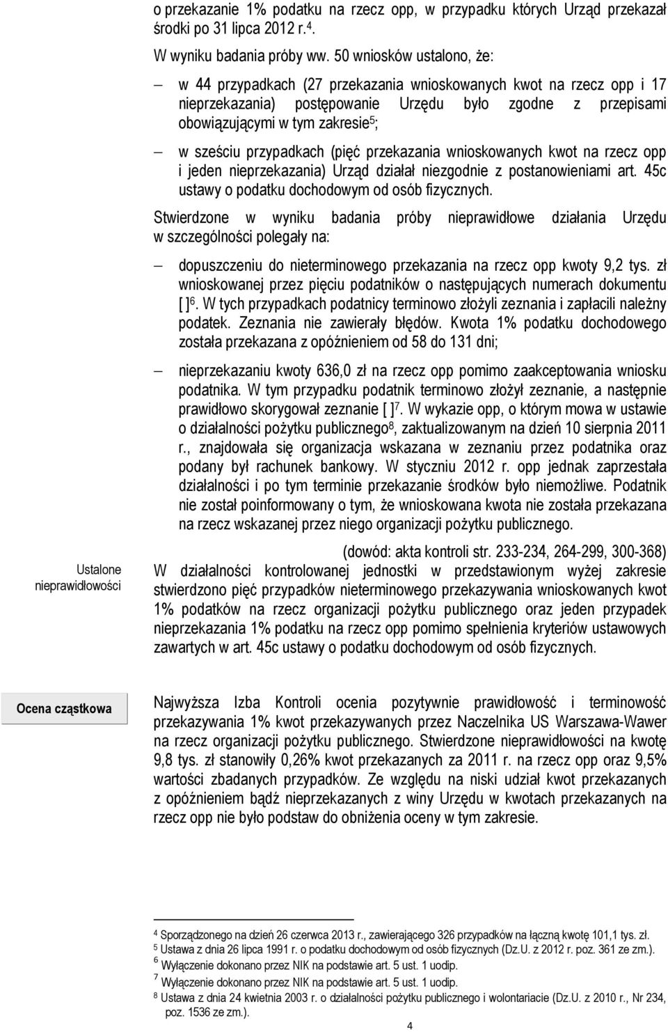 sześciu przypadkach (pięć przekazania wnioskowanych kwot na rzecz opp i jeden nieprzekazania) Urząd działał niezgodnie z postanowieniami art. 45c ustawy o podatku dochodowym od osób fizycznych.