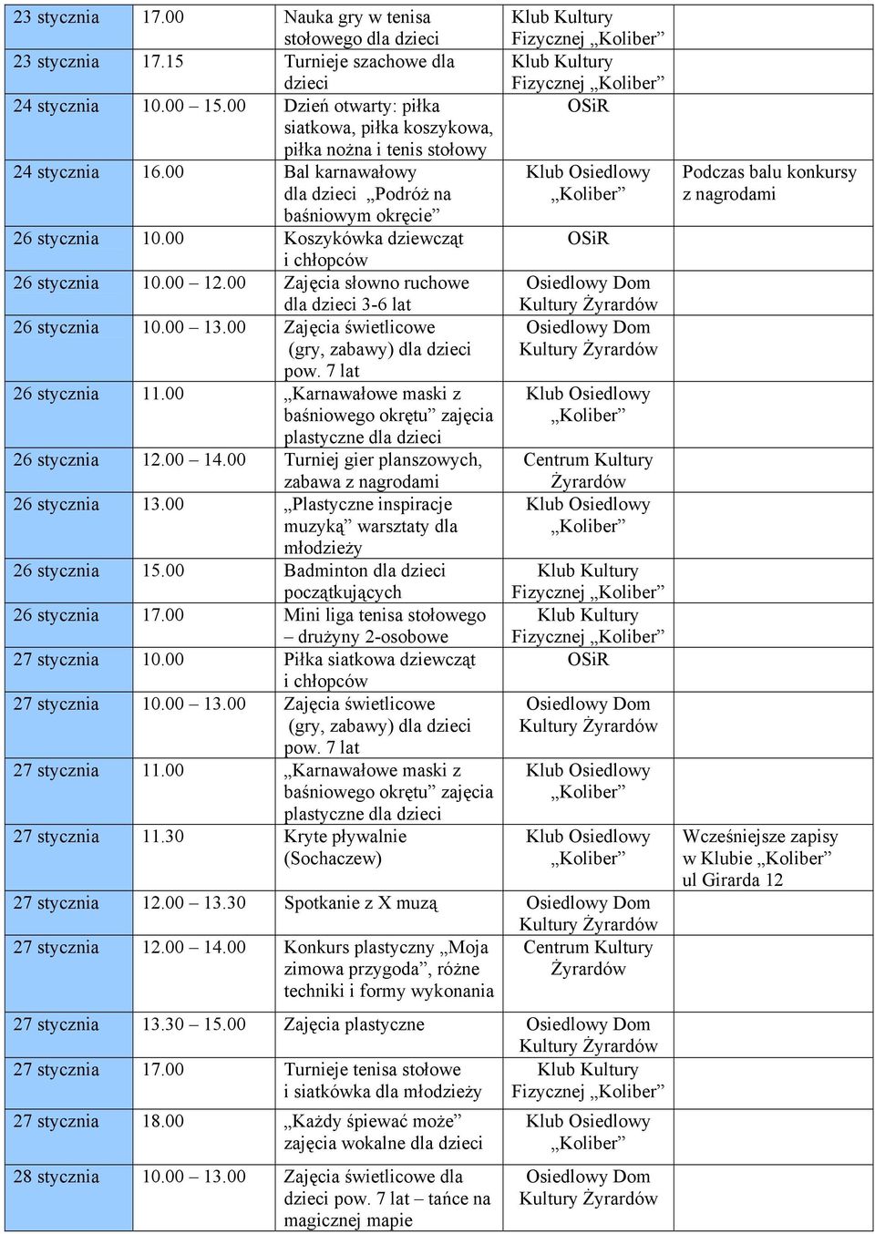 00 Zajęcia świetlicowe 26 stycznia 11.00 Karnawałowe maski z 26 stycznia 12.00 14.00 Turniej gier planszowych, zabawa z nagrodami 26 stycznia 13.00 Plastyczne inspiracje 26 stycznia 15.