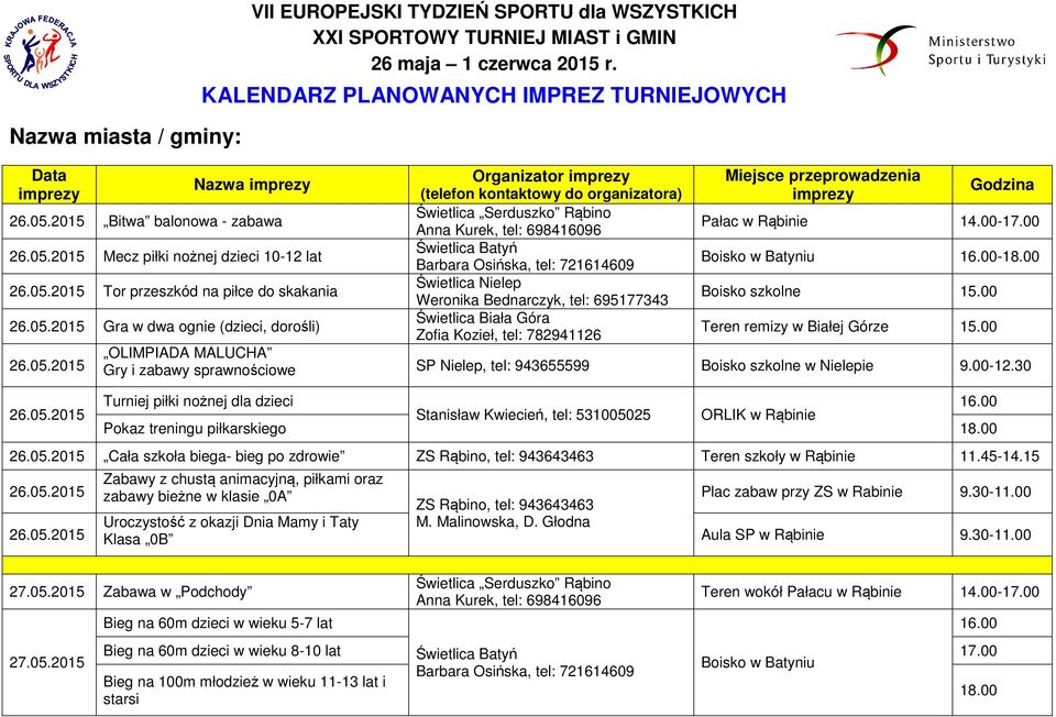 imprezy (telefon kontaktowy do organizatora) Świetlica Nielep Weronika Bednarczyk, tel: 695177343 Miejsce przeprowadzenia imprezy Godzina -18.