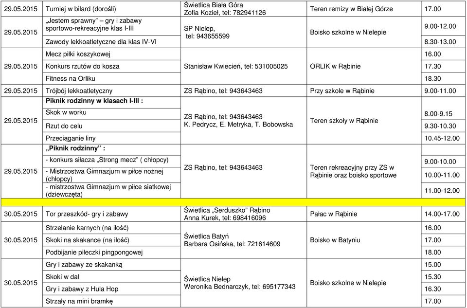 15 Rzut do celu 9.30-10.30 Przeciąganie liny 10.45-12.00 Piknik rodzinny : - konkurs siłacza Strong mecz ( chłopcy) 9.00-10.