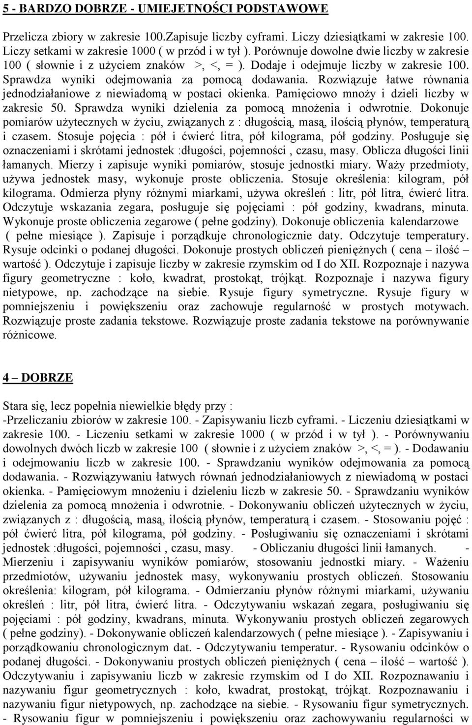 Rozwiązuje łatwe równania jednodziałaniowe z niewiadomą w postaci okienka. Pamięciowo mnoży i dzieli liczby w zakresie 50. Sprawdza wyniki dzielenia za pomocą mnożenia i odwrotnie.