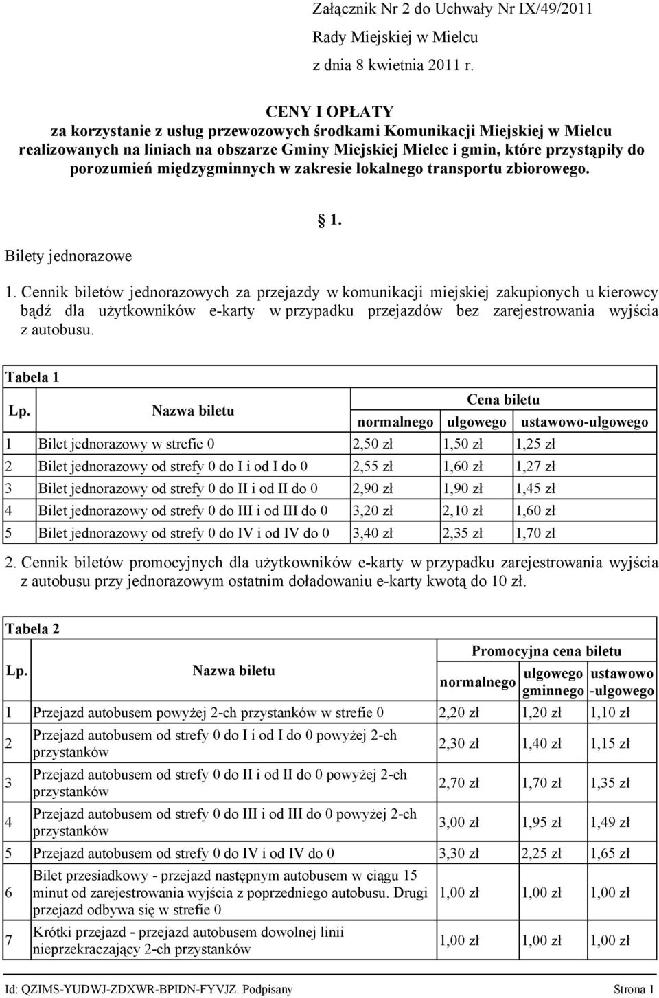 międzygminnych w zakresie lokalnego transportu zbiorowego. Bilety jednorazowe 1.