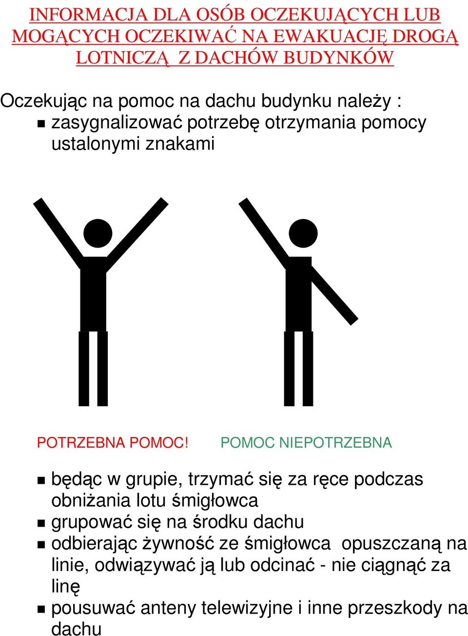 POMOC NIEPOTRZEBNA będąc w grupie, trzymać się za ręce podczas obniŝania lotu śmigłowca grupować się na środku dachu