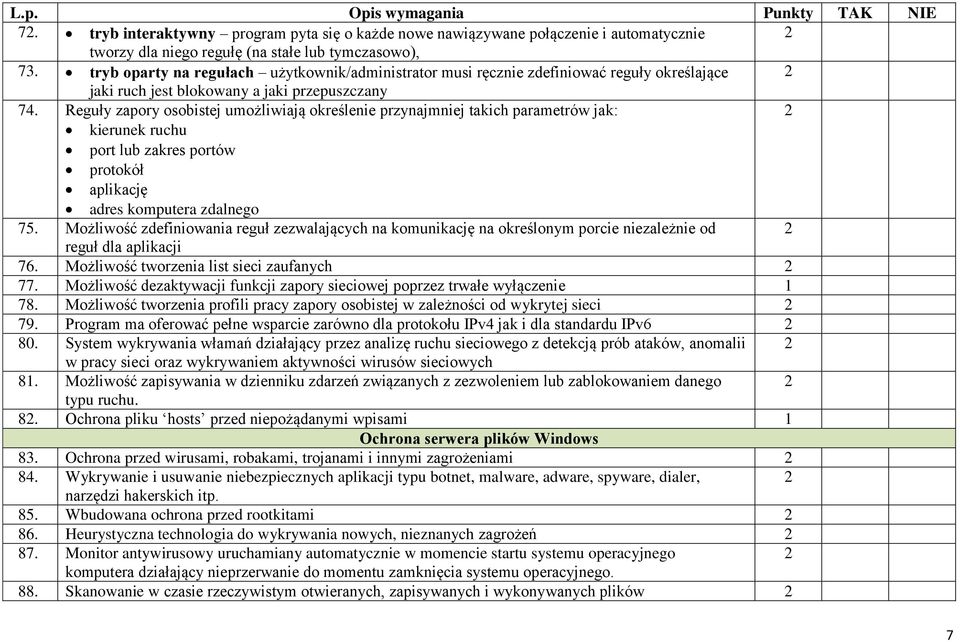 Reguły zapory osobistej umożliwiają określenie przynajmniej takich parametrów jak: kierunek ruchu port lub zakres portów protokół aplikację adres komputera zdalnego 75.