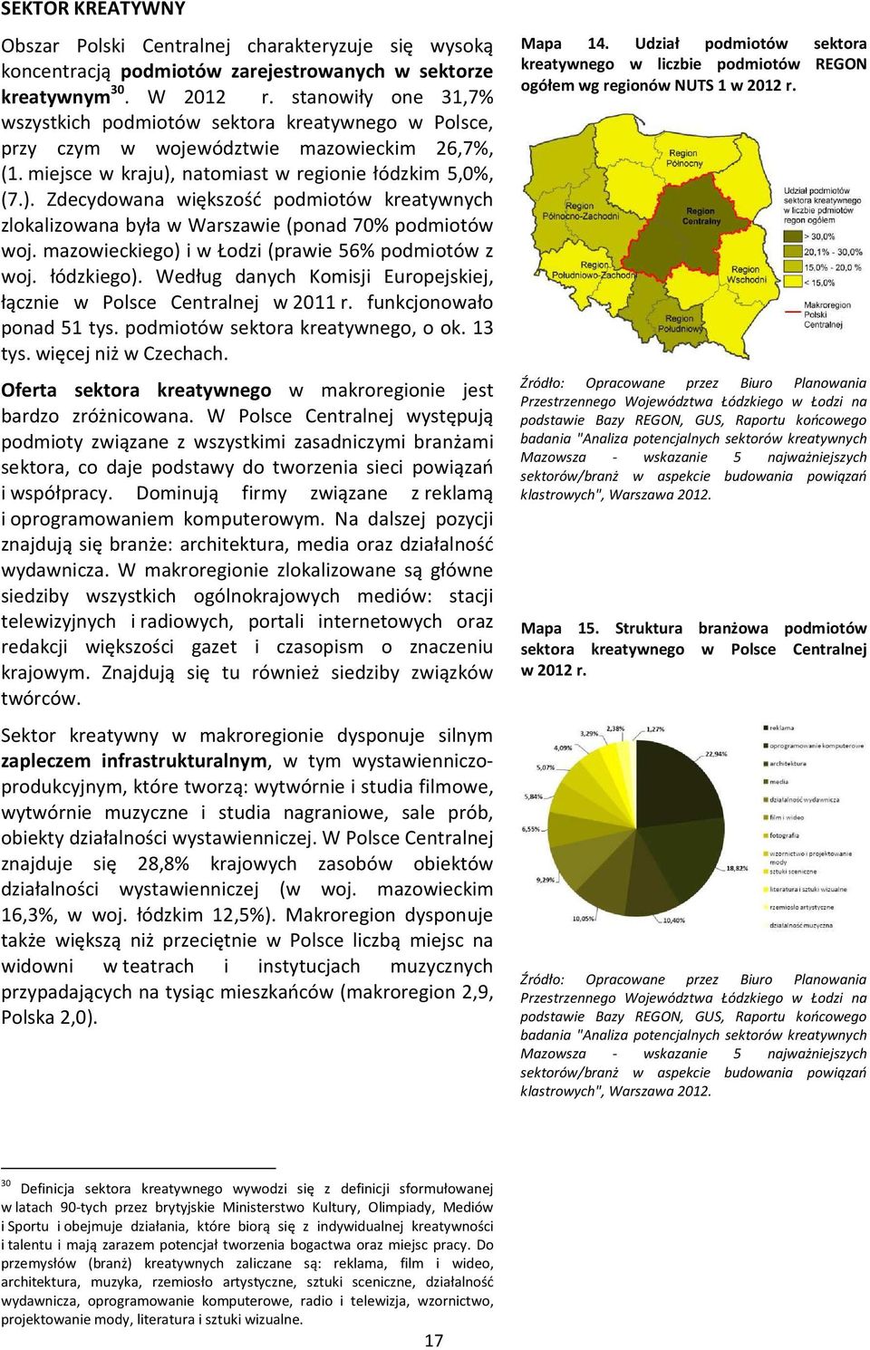 natomiast w regionie łódzkim 5,0%, (7.). Zdecydowana większość podmiotów kreatywnych zlokalizowana była w Warszawie (ponad 70% podmiotów woj. mazowieckiego) i w Łodzi (prawie 56% podmiotów z woj.