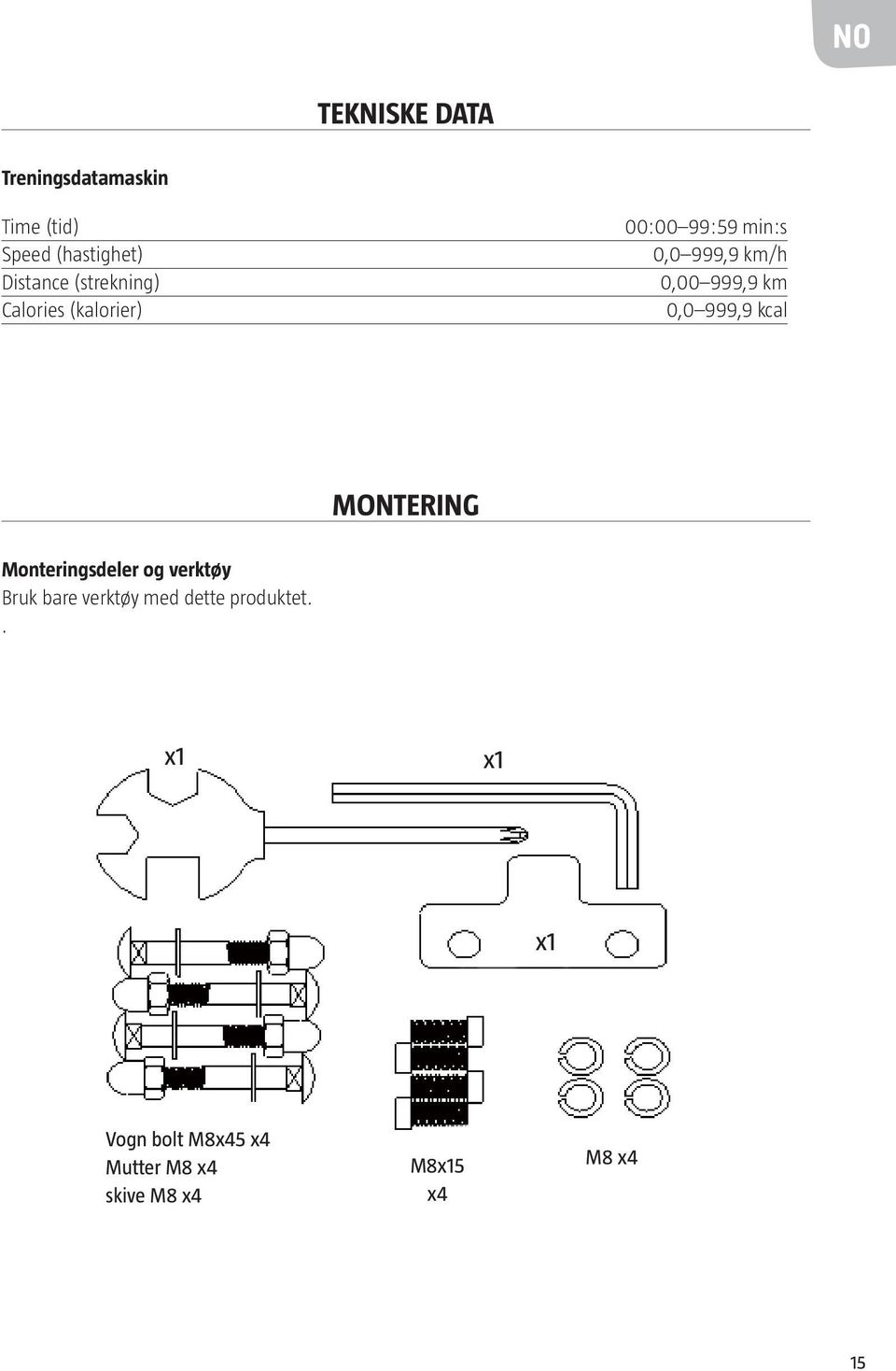 0,0 999,9 kcal MONTERING Monteringsdeler og verktøy Bruk bare verktøy med
