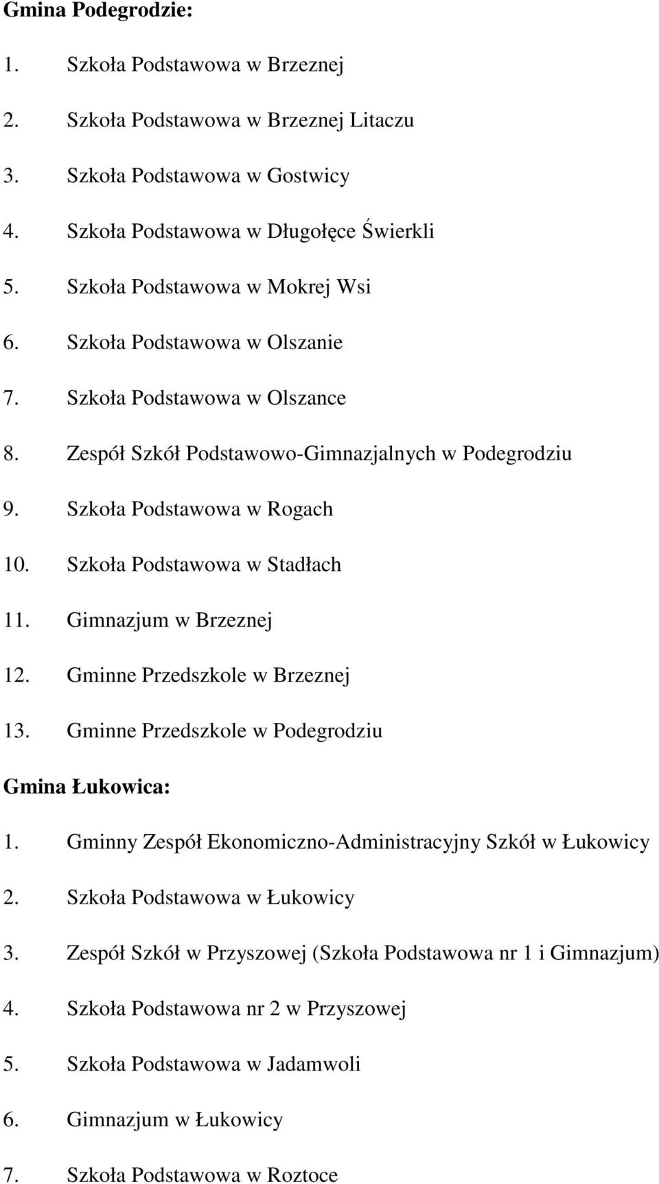 Szkoła Podstawowa w Stadłach 11. Gimnazjum w Brzeznej 12. Gminne Przedszkole w Brzeznej 13. Gminne Przedszkole w Podegrodziu Gmina Łukowica: 1.