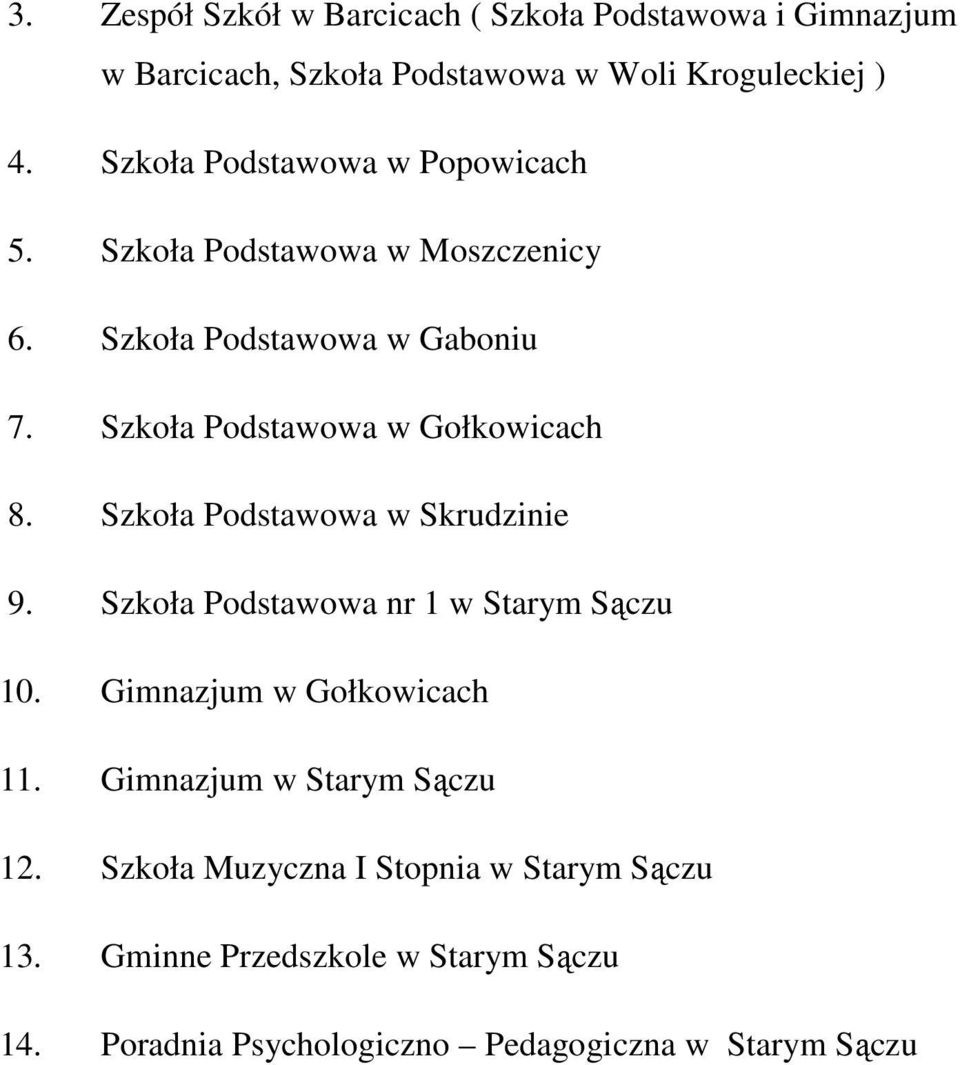 Szkoła Podstawowa w Gołkowicach 8. Szkoła Podstawowa w Skrudzinie 9. Szkoła Podstawowa nr 1 w Starym Sączu 10.