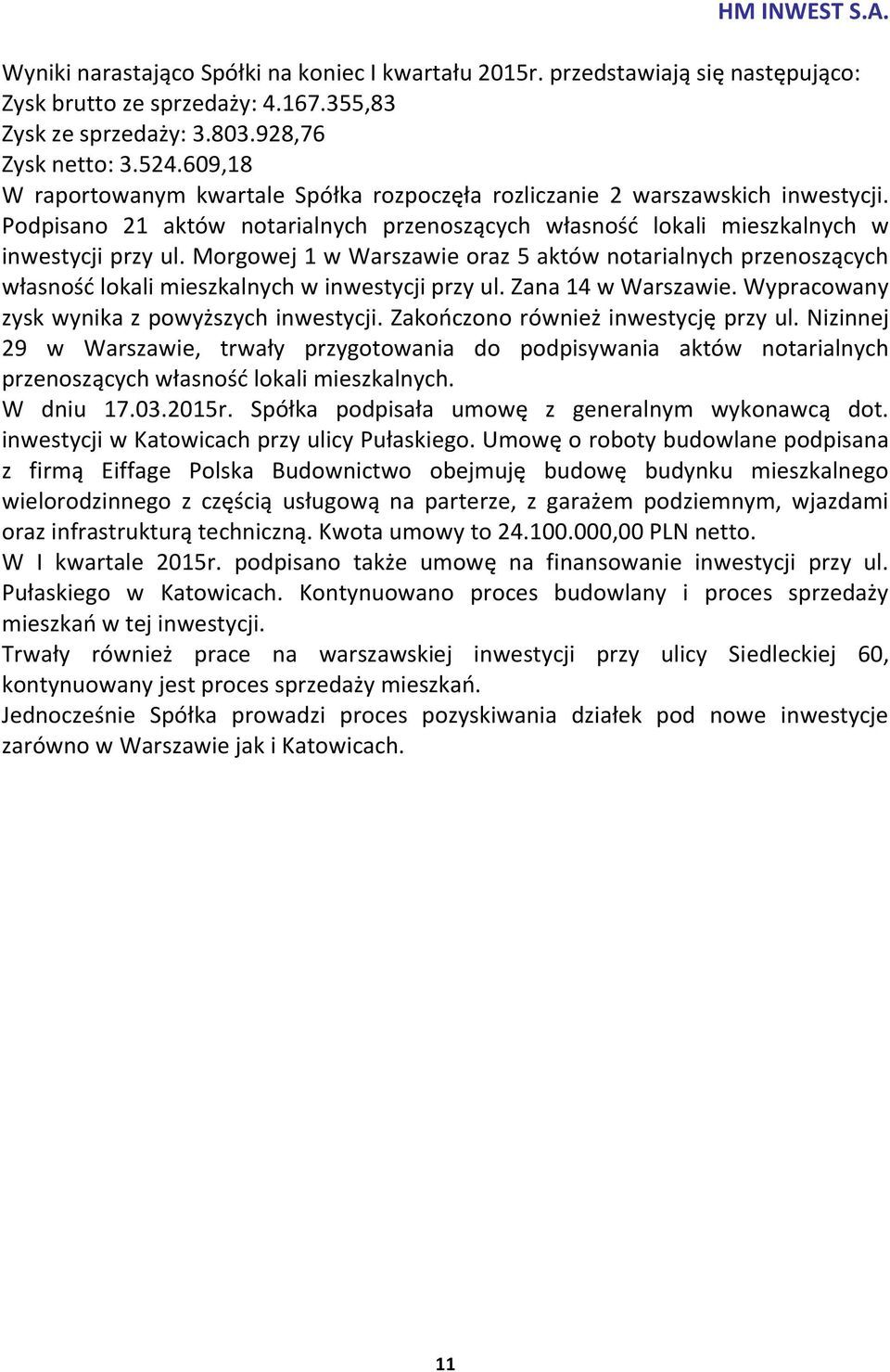 Morgowej 1 w Warszawie oraz 5 aktów notarialnych przenoszących własność lokali mieszkalnych w inwestycji przy ul. Zana 14 w Warszawie. Wypracowany zysk wynika z powyższych inwestycji.