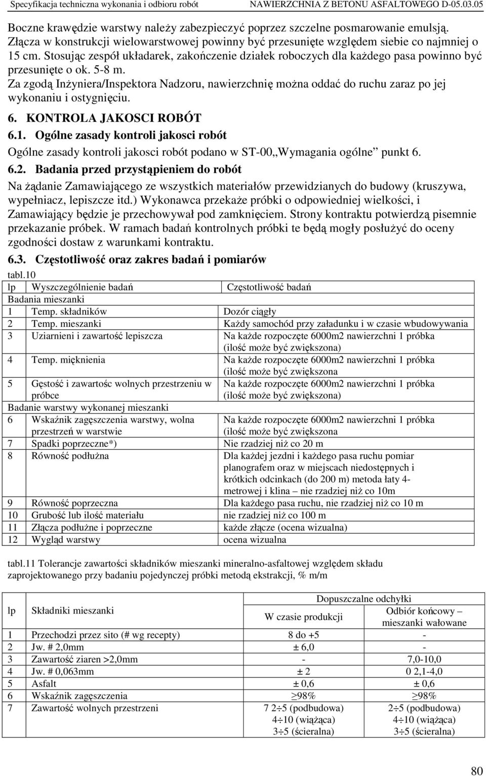 Za zgodą Inżyniera/Inspektora Nadzoru, nawierzchnię można oddać do ruchu zaraz po jej wykonaniu i ostygnięciu. 6. KONTROLA JAKOSCI ROBÓT 6.1.