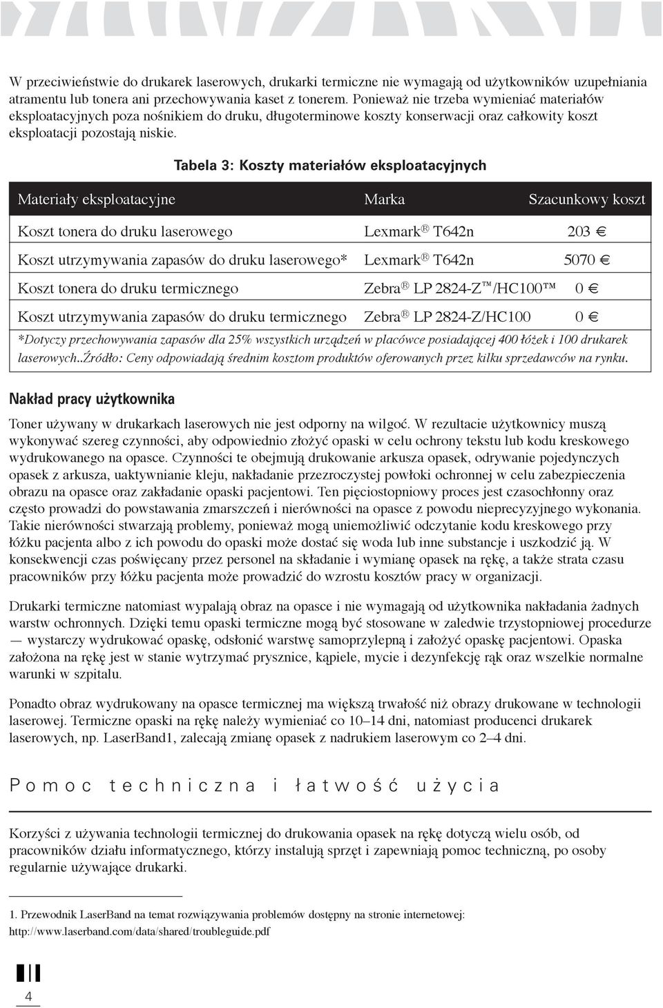 Tabela 3: Koszty materiałów eksploatacyjnych Materiały eksploatacyjne Marka Szacunkowy koszt Koszt tonera do druku laserowego Lexmark T642n 203 Koszt utrzymywania zapasów do druku laserowego* Lexmark