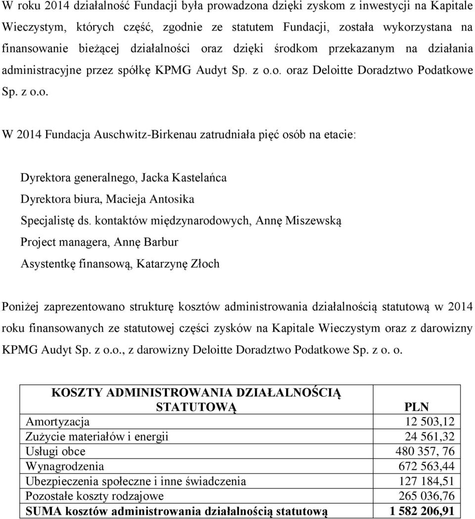 kontaktów międzynarodowych, Annę Miszewską Project managera, Annę Barbur Asystentkę finansową, Katarzynę Złoch Poniżej zaprezentowano strukturę kosztów administrowania działalnością statutową w 2014