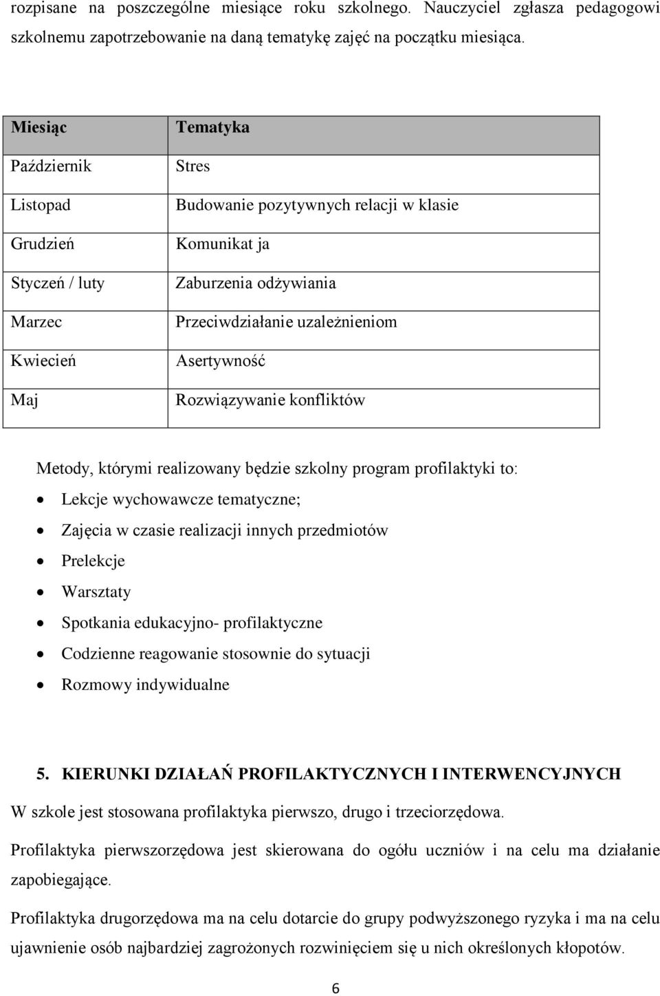 Asertywność Rozwiązywanie konfliktów Metody, którymi realizowany będzie szkolny program profilaktyki to: Lekcje wychowawcze tematyczne; Zajęcia w czasie realizacji innych przedmiotów Prelekcje