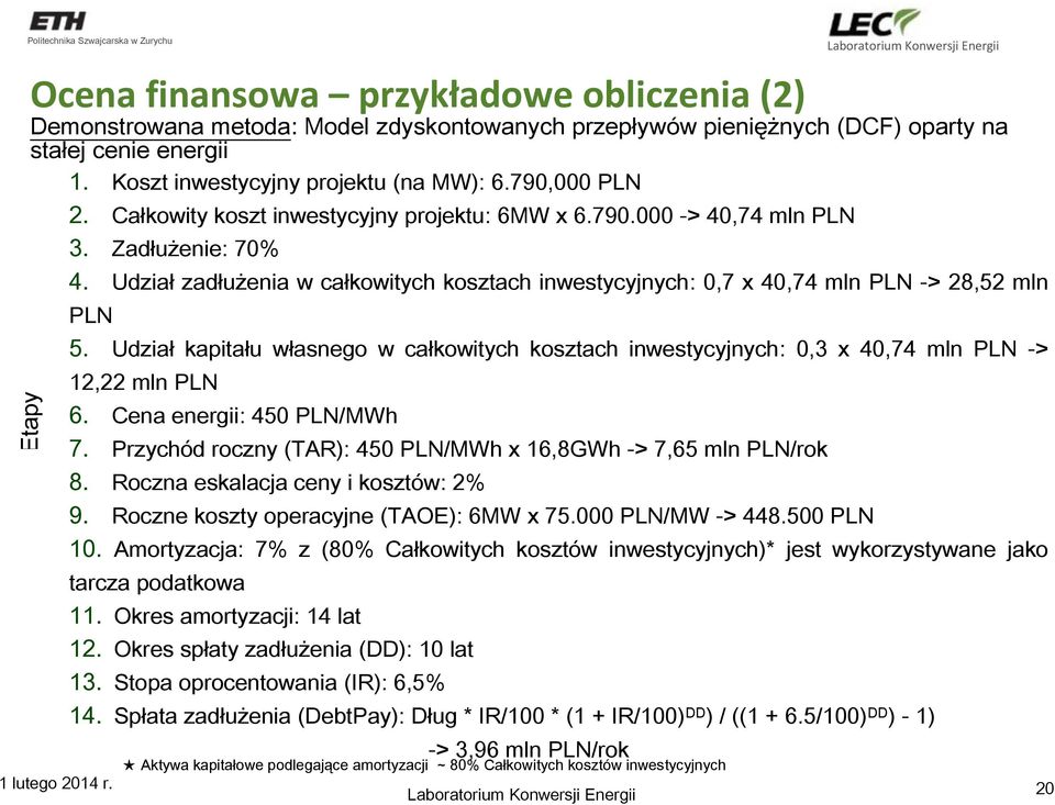 Udział zadłużenia w całkowitych kosztach inwestycyjnych: 0,7 x 40,74 mln PLN -> 28,52 mln 1 lutego 2014 r. PLN 5.