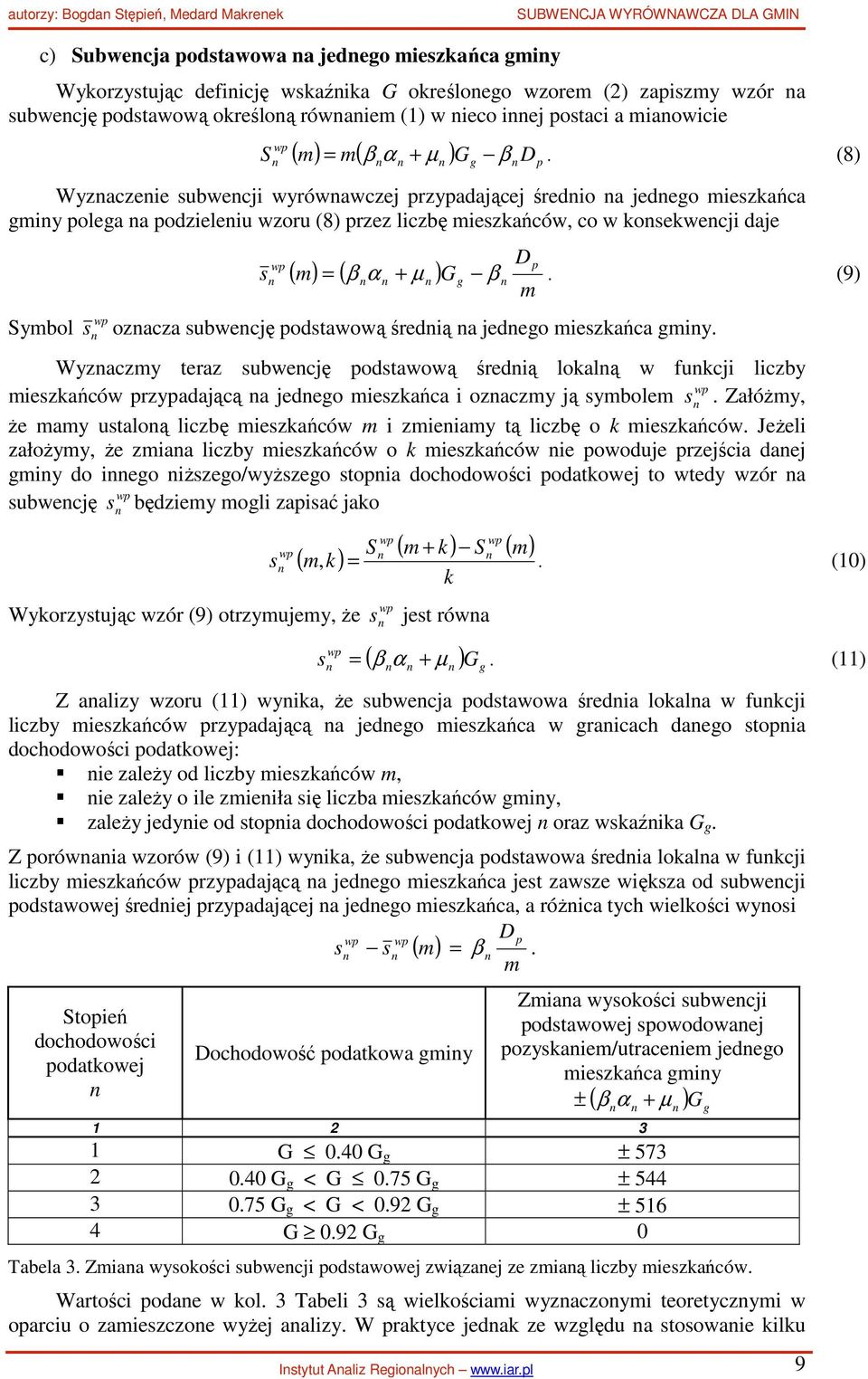 (9) ( ) ( β α + µ ) oaca subwecję odstawową średią a jedeo ieskańca iy. Wyacy tera subwecję odstawową średią lokalą w fukcji licby ieskańców ryadającą a jedeo ieskańca i oacy ją sybole s.