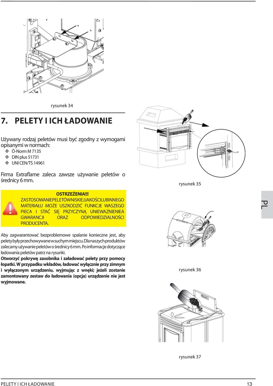 6 mm. rysunek 35 Aby zagwarantować bezproblemowe spalanie konieczne jest, aby pelety były przechowywane w suchym miejscu. Dla naszych produktów zalecamy używanie peletów o średnicy 6 mm.