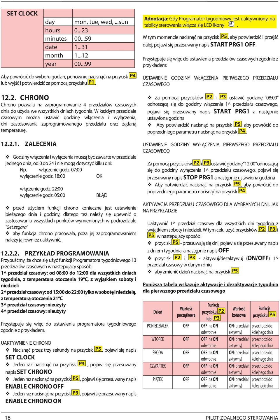 Przystępuje się więc do ustawienia przedziałów czasowych zgodnie z przykładem: Aby powrócić do wyboru godzin, ponownie nacisnąć na przycisk lub wyjść i potwierdzić za pomocą przycisku P1. 12.