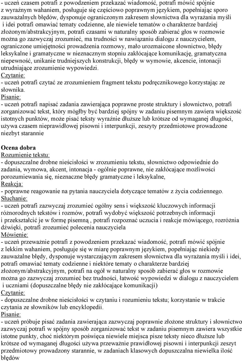 zabierać głos w rozmowie można go zazwyczaj zrozumieć, ma trudności w nawiązaniu dialogu z nauczycielem, ograniczone umiejętności prowadzenia rozmowy, mało urozmaicone słownictwo, błędy leksykalne i