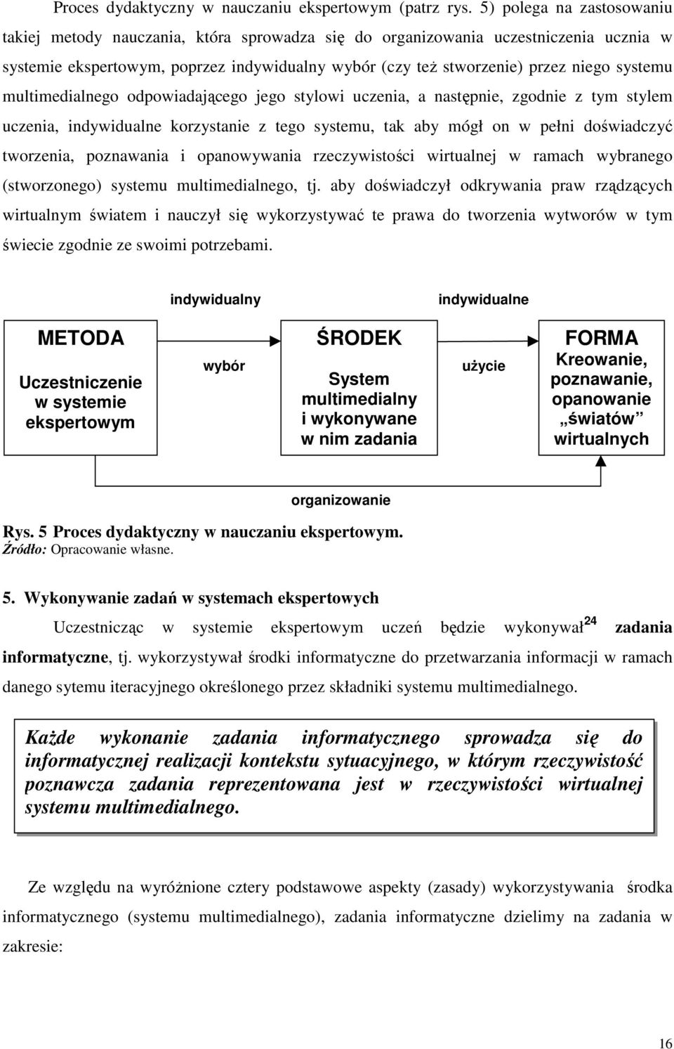 systemu multimedialnego odpowiadającego jego stylowi uczenia, a następnie, zgodnie z tym stylem uczenia, indywidualne korzystanie z tego systemu, tak aby mógł on w pełni doświadczyć tworzenia,