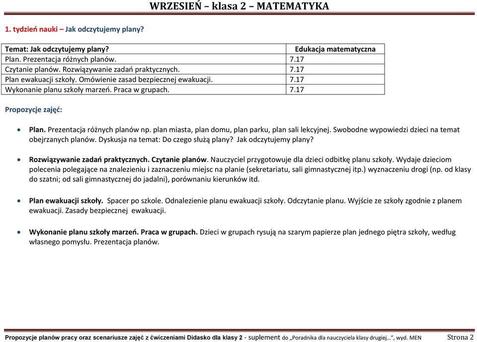 Swobodne wypowiedzi dzieci na temat obejrzanych planów. Dyskusja na temat: Do czego służą plany? Jak odczytujemy plany? Rozwiązywanie zadań praktycznych. Czytanie planów.