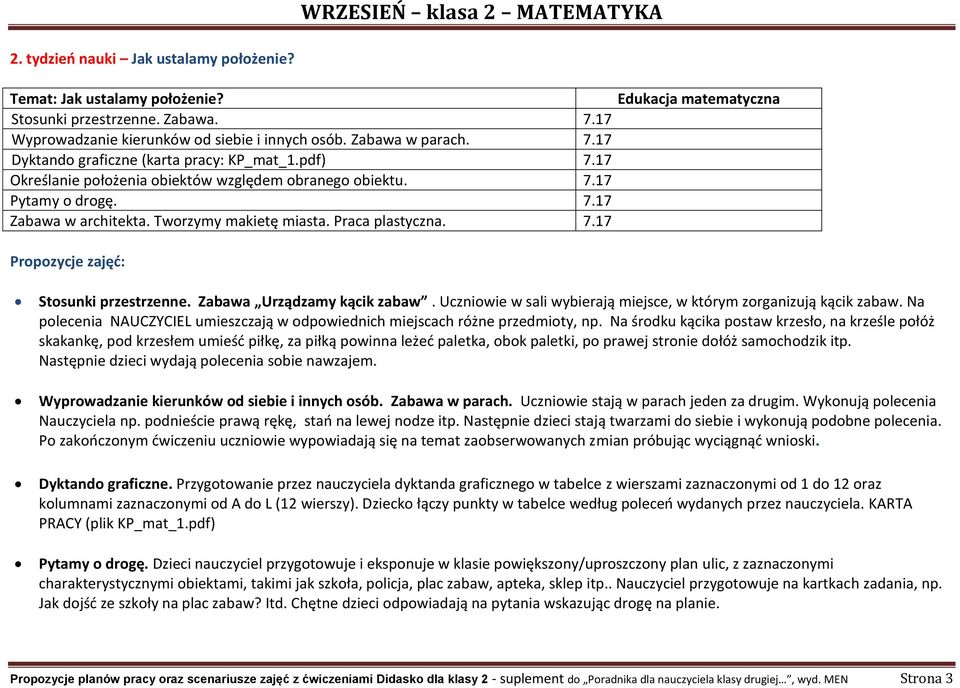 Zabawa Urządzamy kącik zabaw. Uczniowie w sali wybierają miejsce, w którym zorganizują kącik zabaw. Na polecenia NAUCZYCIEL umieszczają w odpowiednich miejscach różne przedmioty, np.