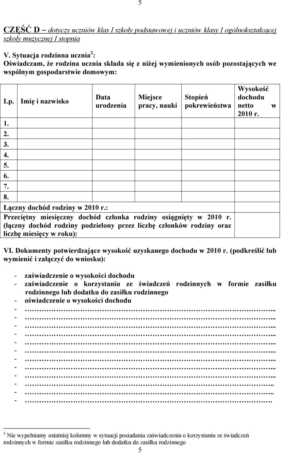 Imię i nazwisko Data urodzenia Miejsce pracy, nauki Stopień pokrewieństwa 1. 2. 3. 4. 5. 6. 7. 8. Łączny dochód rodziny w 2010 r.: Przeciętny miesięczny dochód członka rodziny osiągnięty w 2010 r.