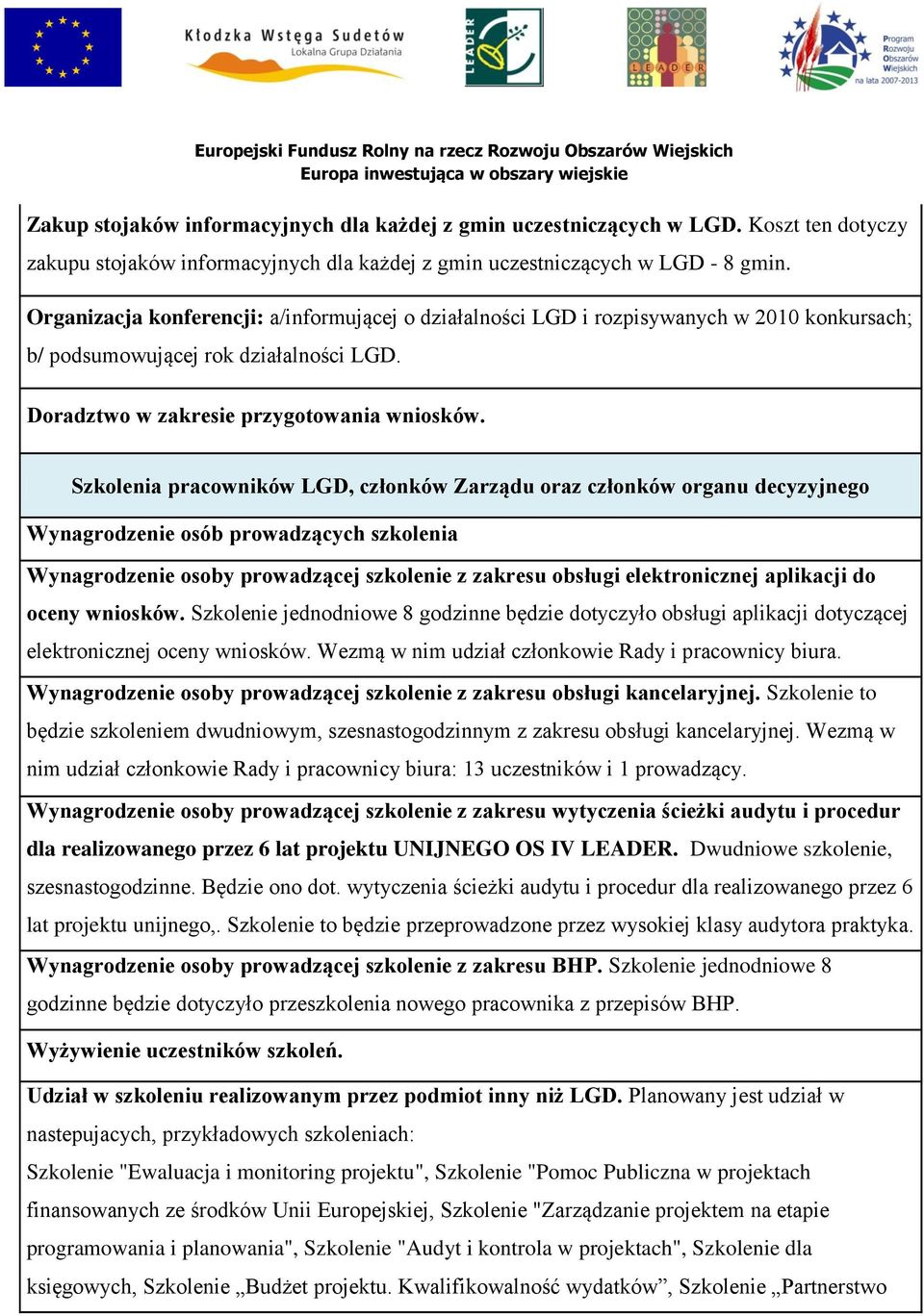 Szkolenia pracowników LGD, członków Zarządu oraz członków organu decyzyjnego Wynagrodzenie osób prowadzących szkolenia Wynagrodzenie osoby prowadzącej szkolenie z zakresu obsługi elektronicznej