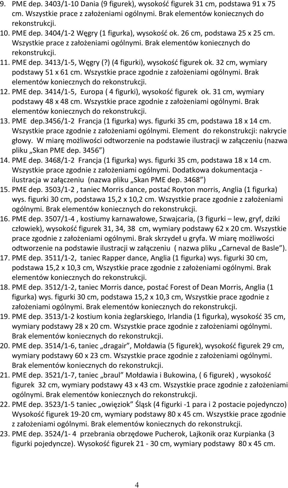 32 cm, wymiary podstawy 51 x 61 cm. Wszystkie prace zgodnie z założeniami ogólnymi. Brak 12. PME dep. 3414/1-5, Europa ( 4 figurki), wysokośd figurek ok. 31 cm, wymiary podstawy 48 x 48 cm.