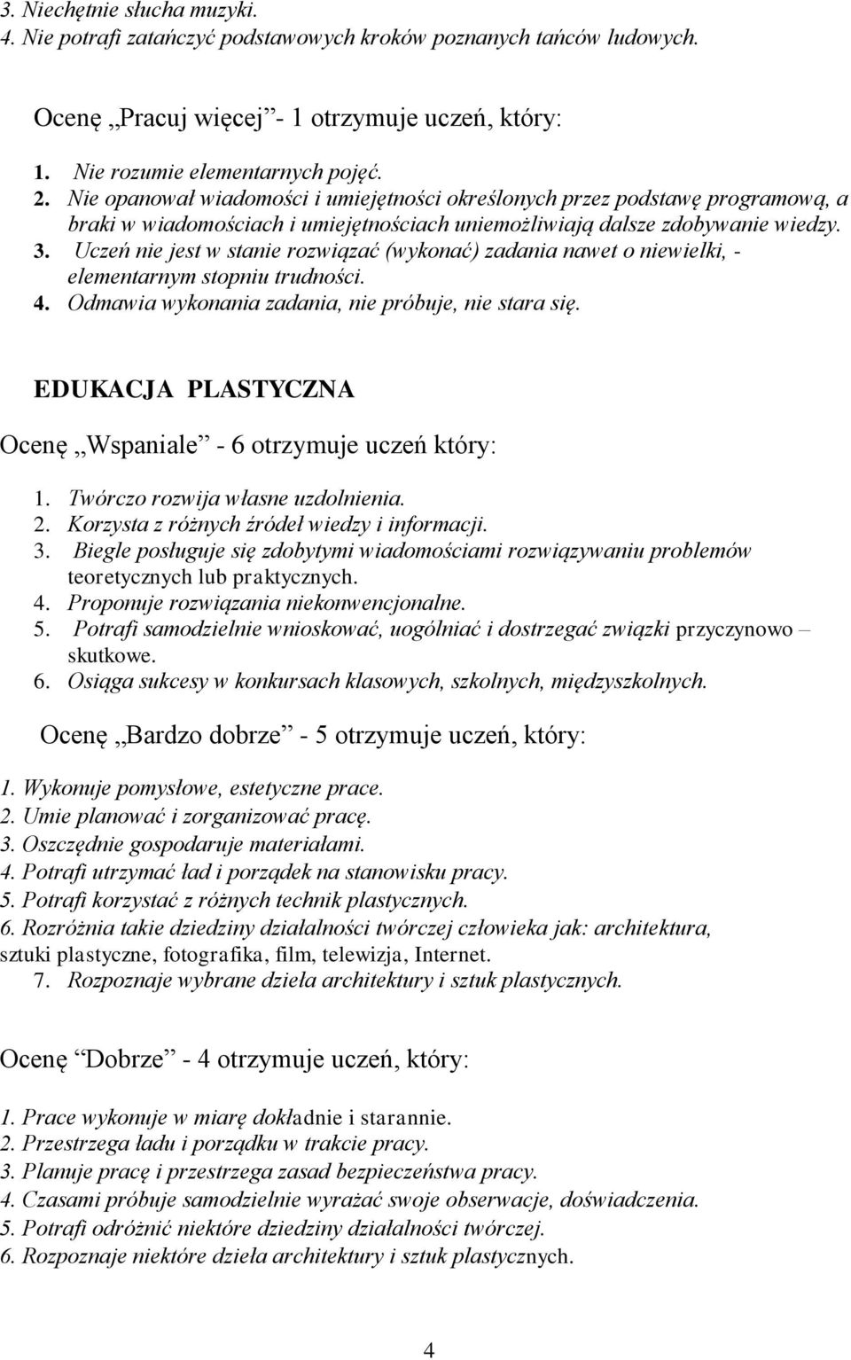 Odmawia wykonania zadania, nie próbuje, nie stara się. EDUKACJA PLASTYCZNA Ocenę Wspaniale - 6 otrzymuje uczeń który: 1. Twórczo rozwija własne uzdolnienia. 3.