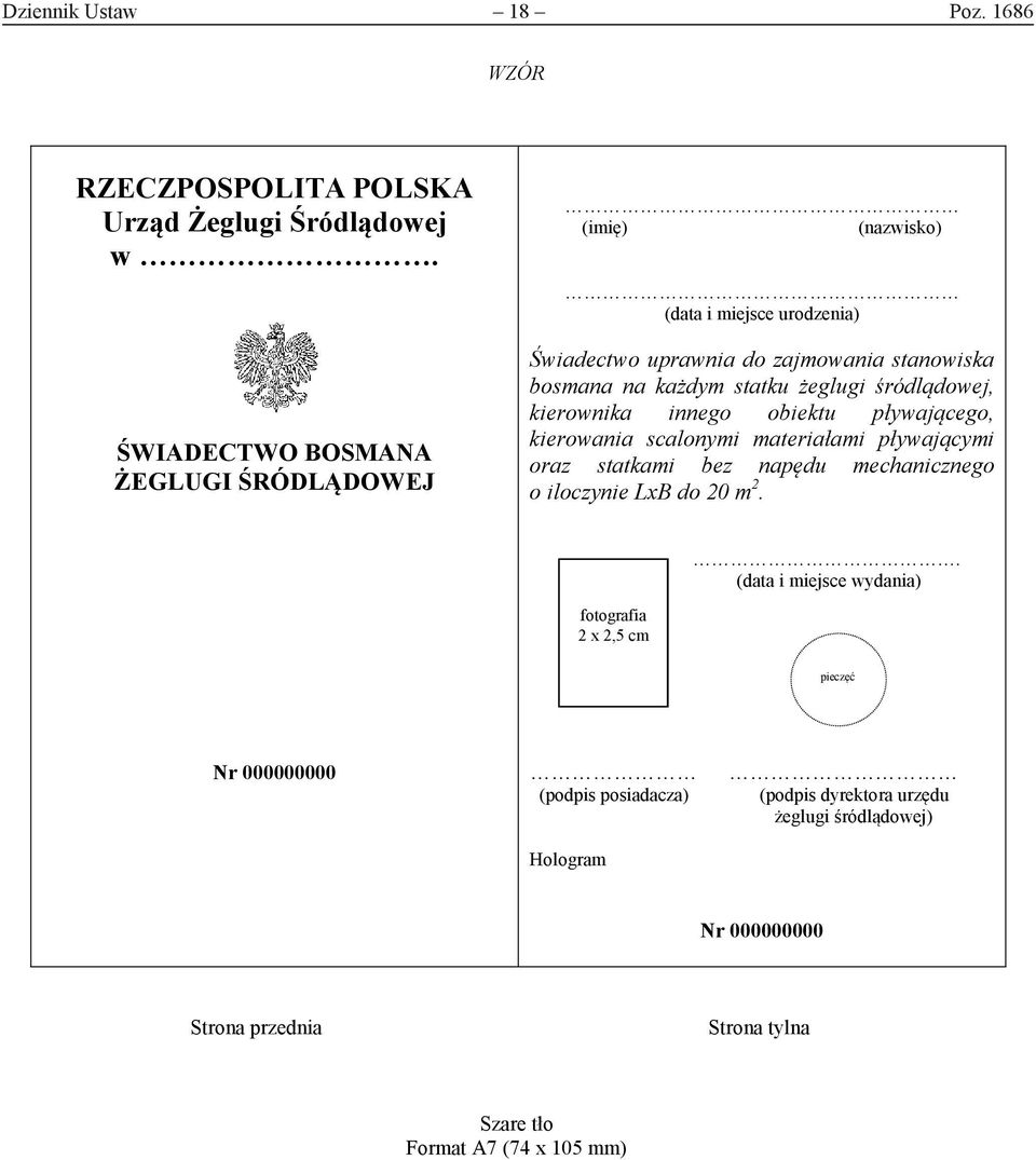 statku żeglugi śródlądowej, kierownika innego obiektu pływającego, kierowania scalonymi materiałami pływającymi oraz statkami bez napędu mechanicznego