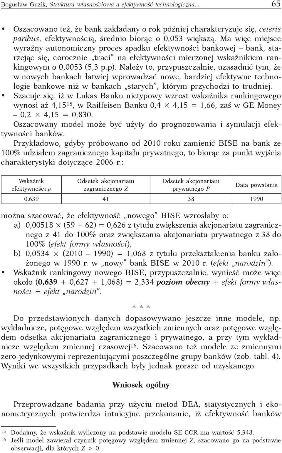 Ma więc miejsce wyraźny autonomiczny proces spadku efektywności bankowej bank, starzejąc się, corocznie traci na efektywności mierzonej wskaźnikiem rankingowym o 0,0053 (5,3 p.p).