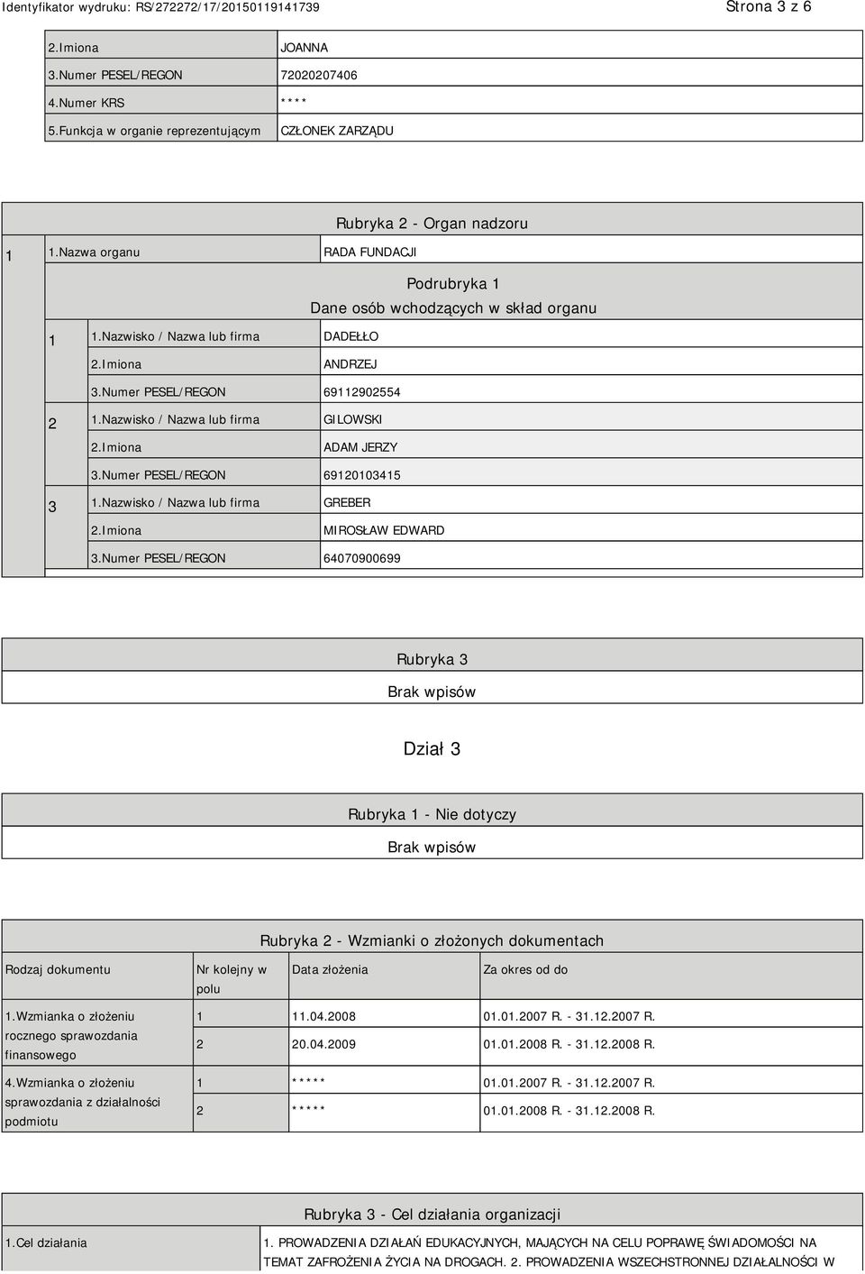 Nazwisko / Nazwa lub firma GILOWSKI ADAM JERZY 3.Numer PESEL/REGON 69120103415 3 1.Nazwisko / Nazwa lub firma GREBER MIROSŁAW EDWARD 3.