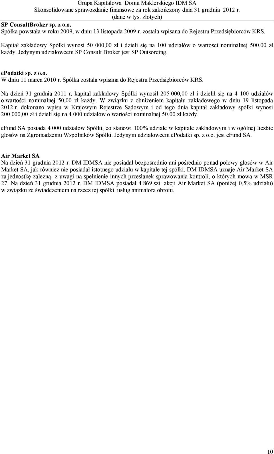 Spółka została wpisana do Rejestru Przedsiębiorców KRS. Na dzień 31 grudnia 2011 r. kapitał zakładowy Spółki wynosił 205 000,00 zł i dzielił się na 4 100 udziałów o wartości nominalnej 50,00 zł każdy.