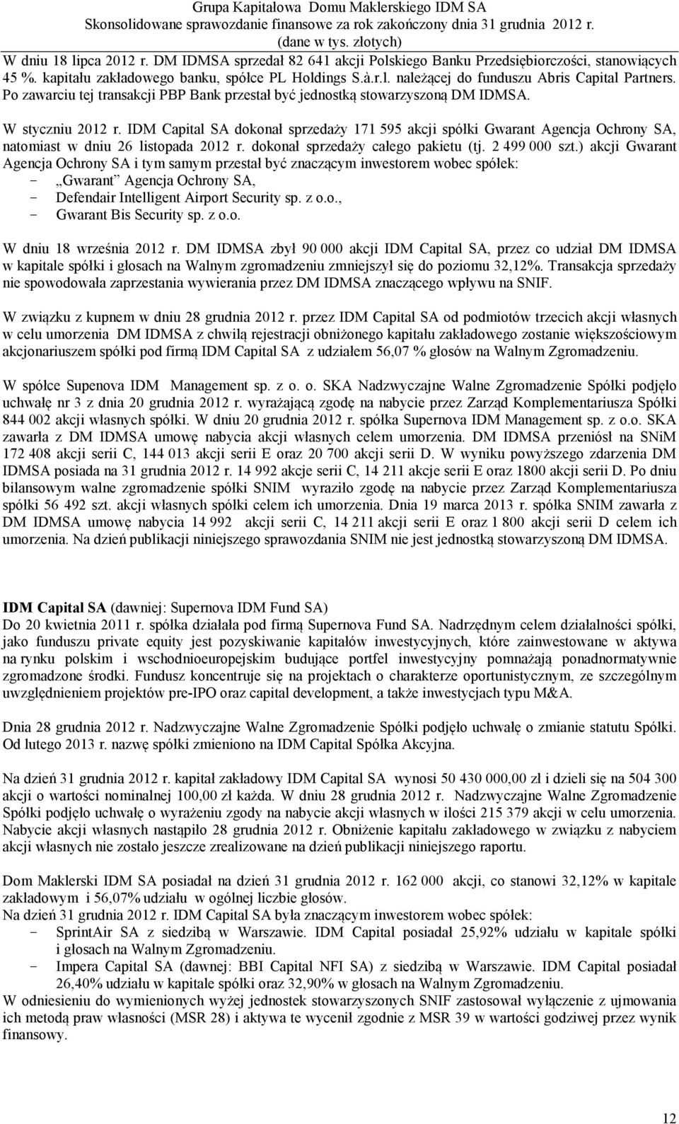 IDM Capital SA dokonał sprzedaży 171 595 akcji spółki Gwarant Agencja Ochrony SA, natomiast w dniu 26 listopada 2012 r. dokonał sprzedaży całego pakietu (tj. 2 499 000 szt.