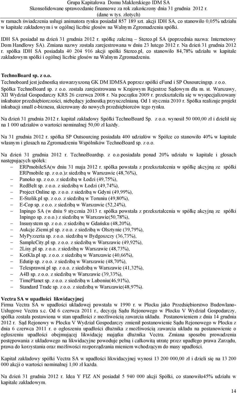 Na dzień 31 grudnia 2012 r. spółka IDH SA posiadała 40 204 916 akcji spółki Stereo.pl, co stanowiło 84,78% udziału w kapitale zakładowym spółki i ogólnej liczbie głosów na Walnym Zgromadzeniu.