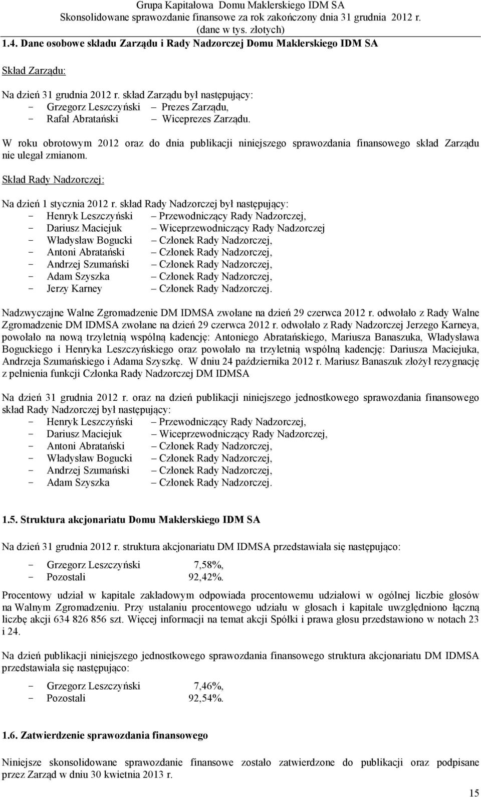 W roku obrotowym 2012 oraz do dnia publikacji niniejszego sprawozdania finansowego skład Zarządu nie ulegał zmianom. Skład Rady Nadzorczej: Na dzień 1 stycznia 2012 r.